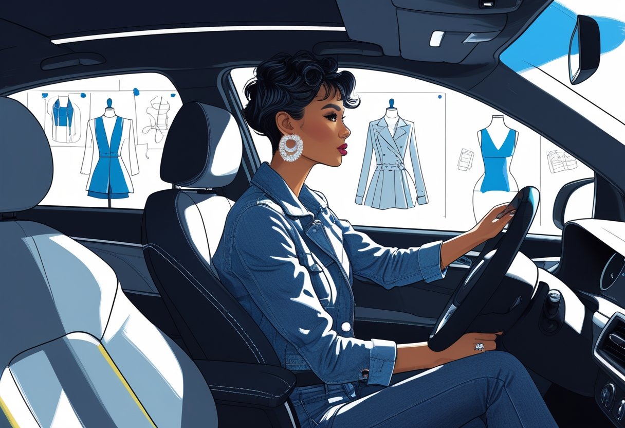 A fashion designer learning to drive in a car with fashion sketches and a mannequin visible nearby, receiving guidance from a driving instructor.