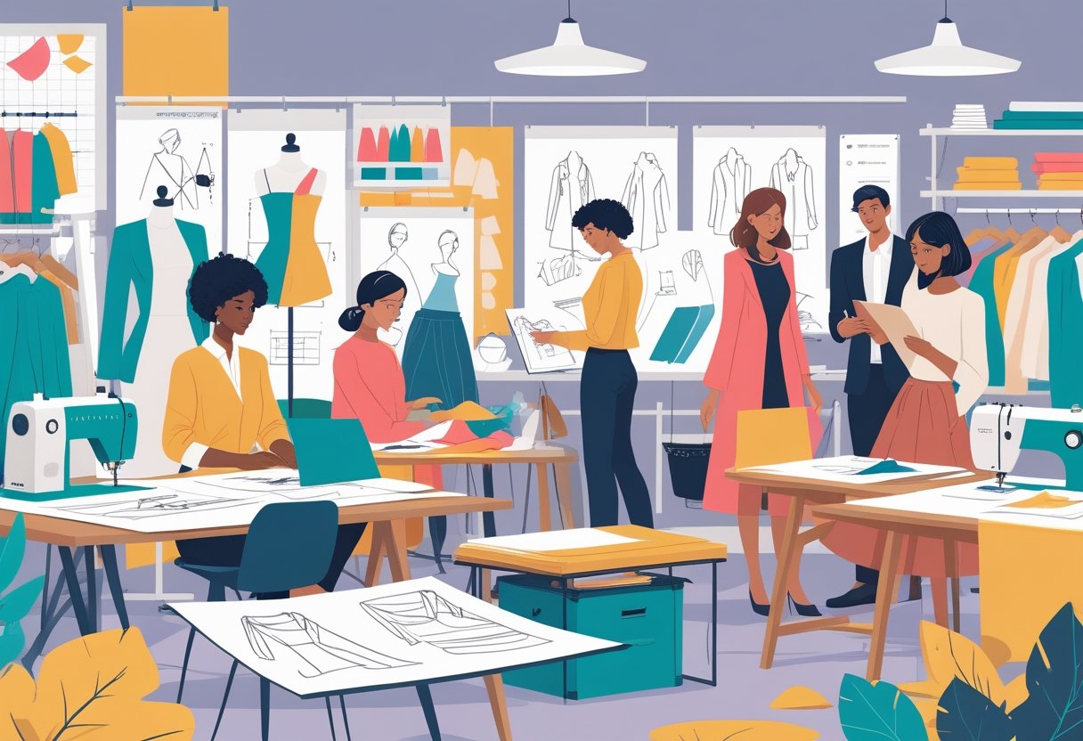 A group of fashion designers working together in a bright studio with sketches, fabrics, and sewing machines, receiving guidance from an instructor.