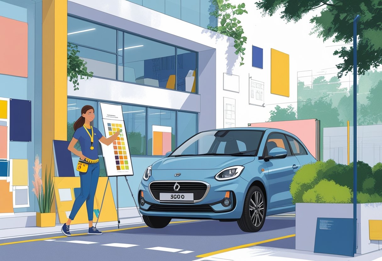 An interior designer receiving driving lessons next to a modern car outside a building with design elements visible in the background.