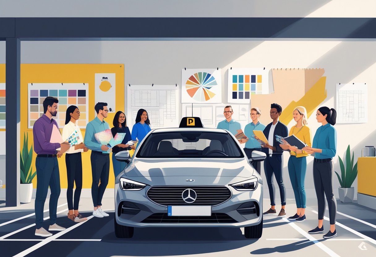 A group of interior designers attending a driving lesson with a driving instructor beside a car in a training environment.