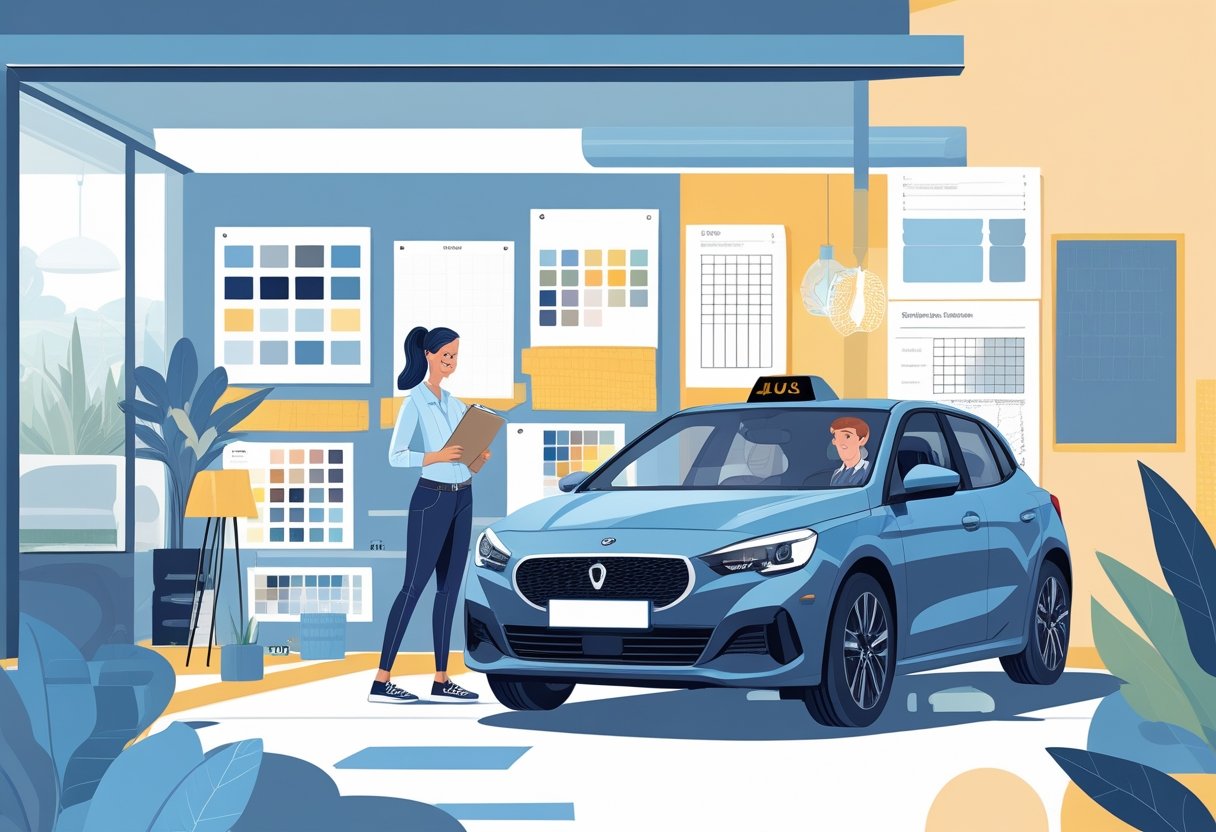 An interior designer learning to drive with an instructor beside them in a car parked near a design studio, surrounded by design tools and creative workspace elements.