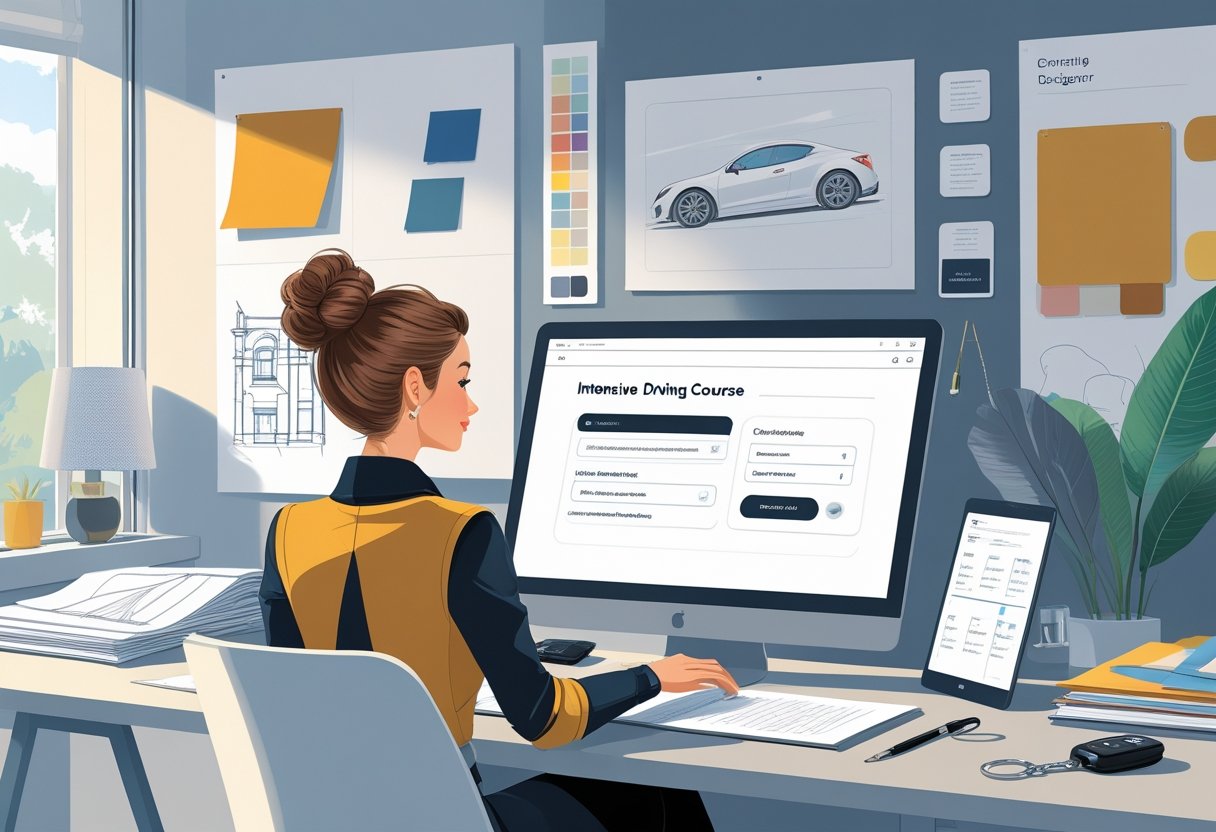 An interior designer booking an intensive driving course on a laptop in a modern office surrounded by design materials and driving-related items.