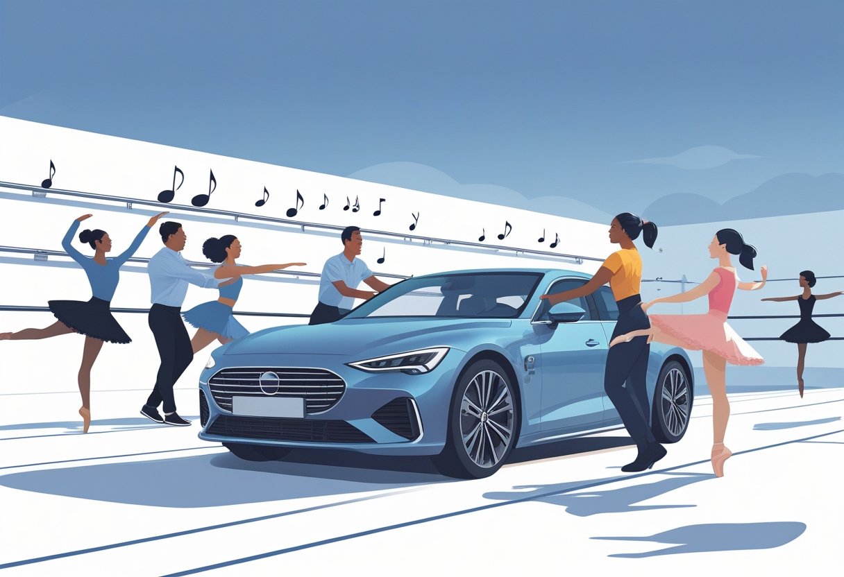A group of people learning to drive with an instructor in a modern car, surrounded by subtle dance elements and dancers in motion.