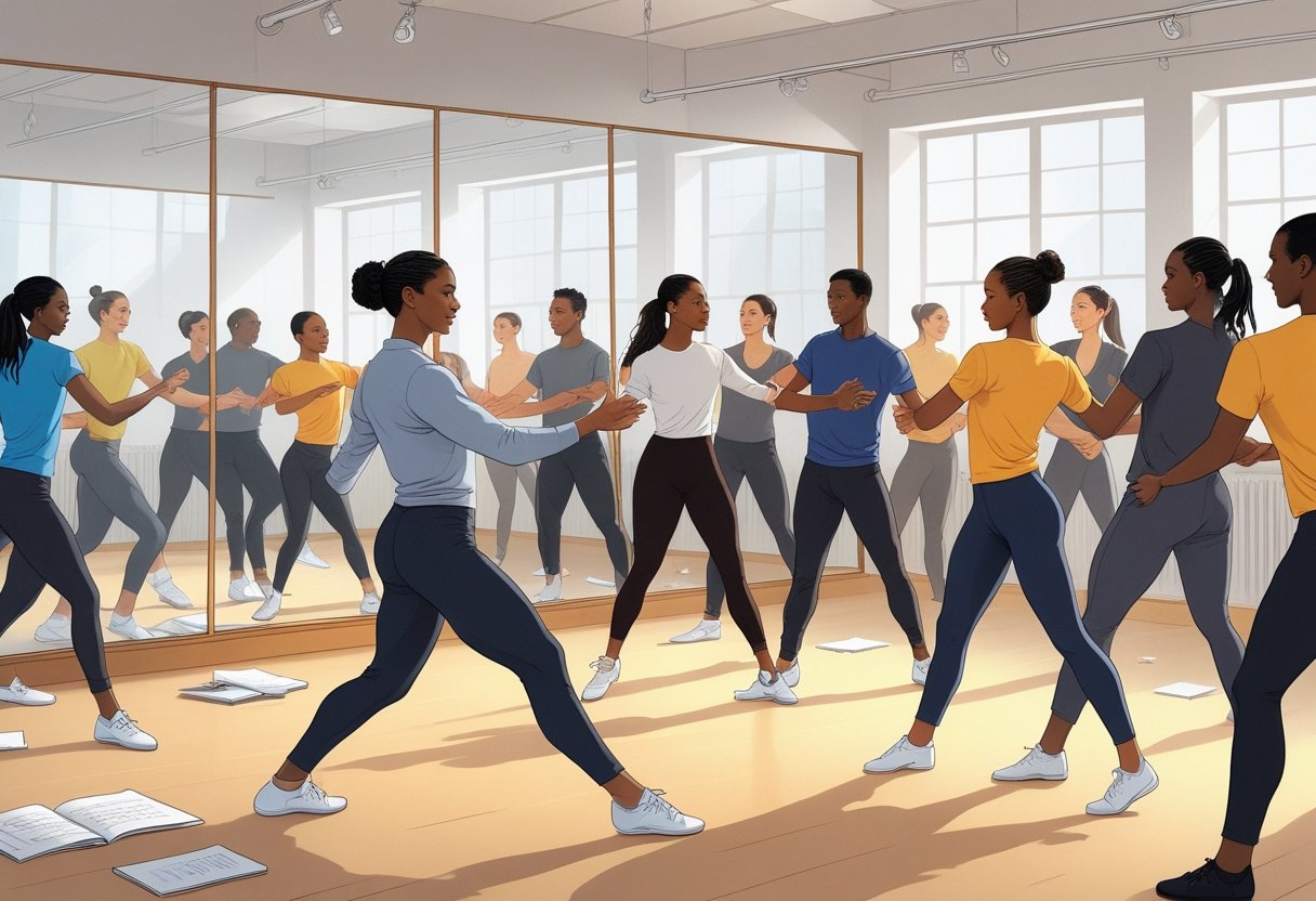 A group of choreographers practicing dance moves in a bright studio while an instructor leads the session.