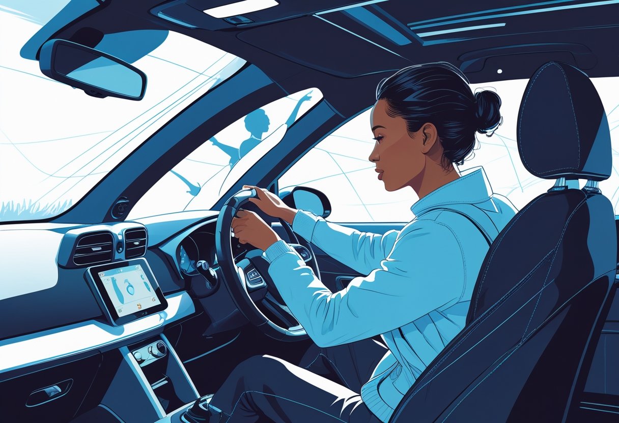 A person learning to drive in a modern car with an instructor, showing focus and determination.