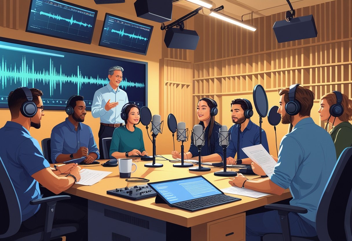 A group of voice actors in a recording studio being guided by an instructor during a training session.