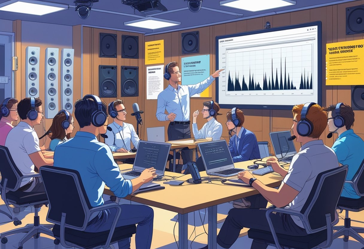 A group of voice actors in a classroom setting practicing voice techniques with an instructor and audio equipment.