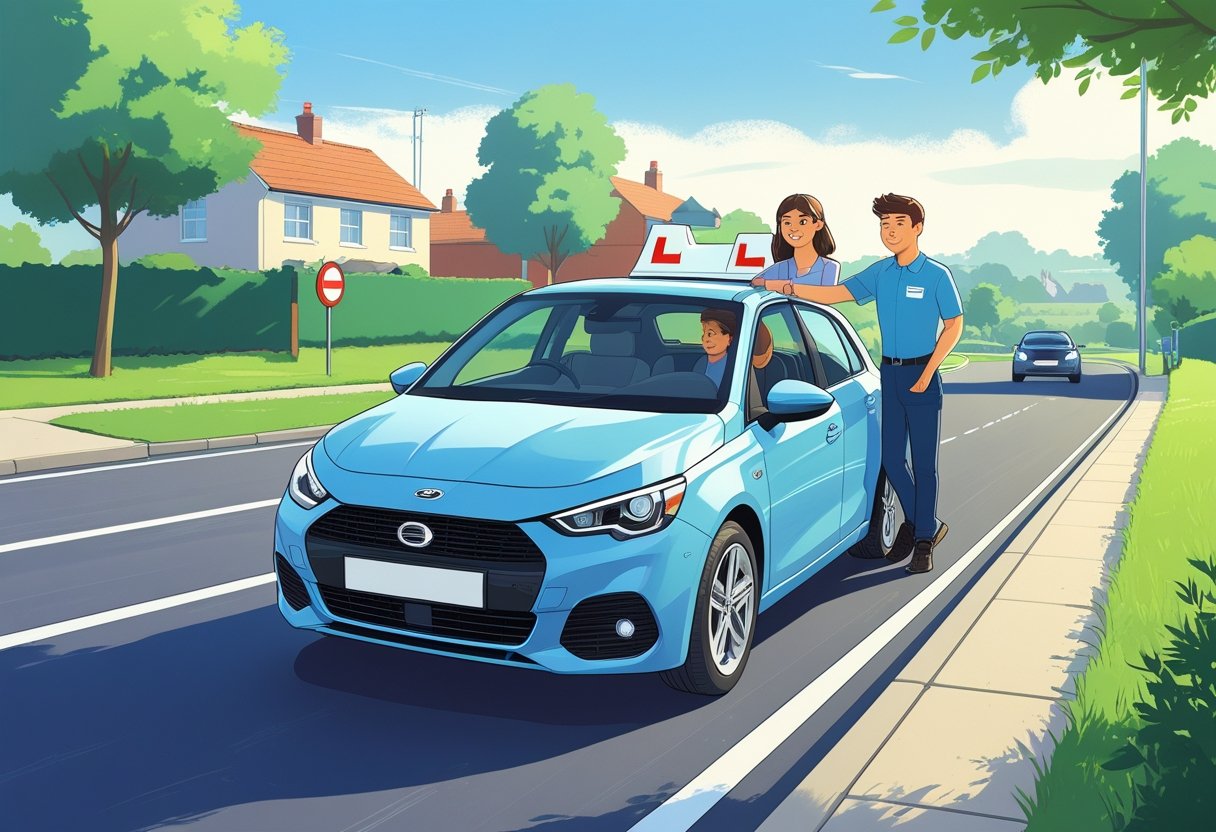 A teenage learner driving a car on a suburban road with a driving instructor beside them.