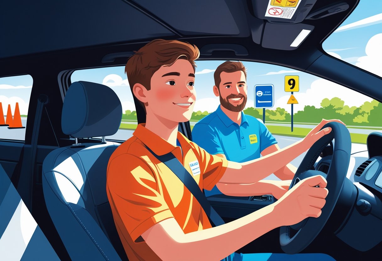 A 17-year-old learner driver in a car with a driving instructor beside them in a safe practice area.