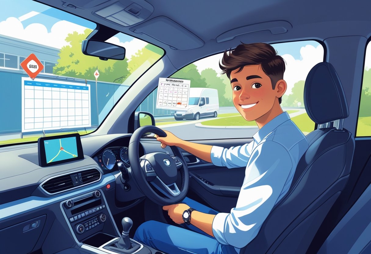 A 17-year-old learner driver sitting in a car with a driving instructor pointing at a map, with a classroom and calendar visible in the background.