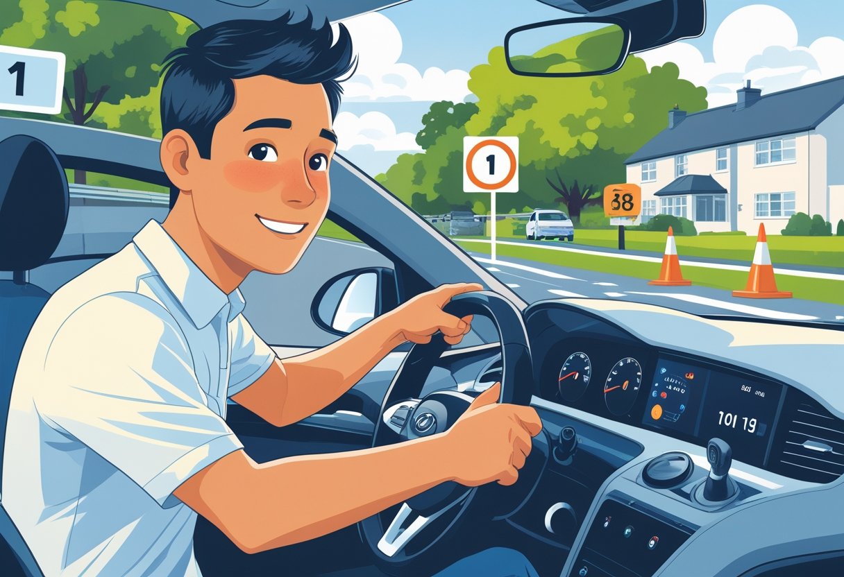 An 18-year-old learner driver receiving instruction from a driving instructor in a car on a quiet suburban driving course.