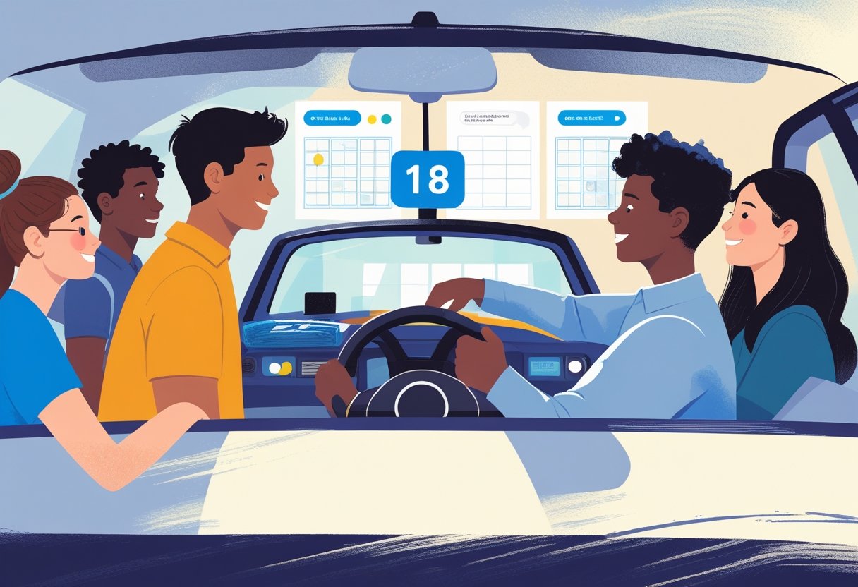 A group of 18-year-olds learning to drive with an instructor in a driving school setting, showing a supportive and educational environment.