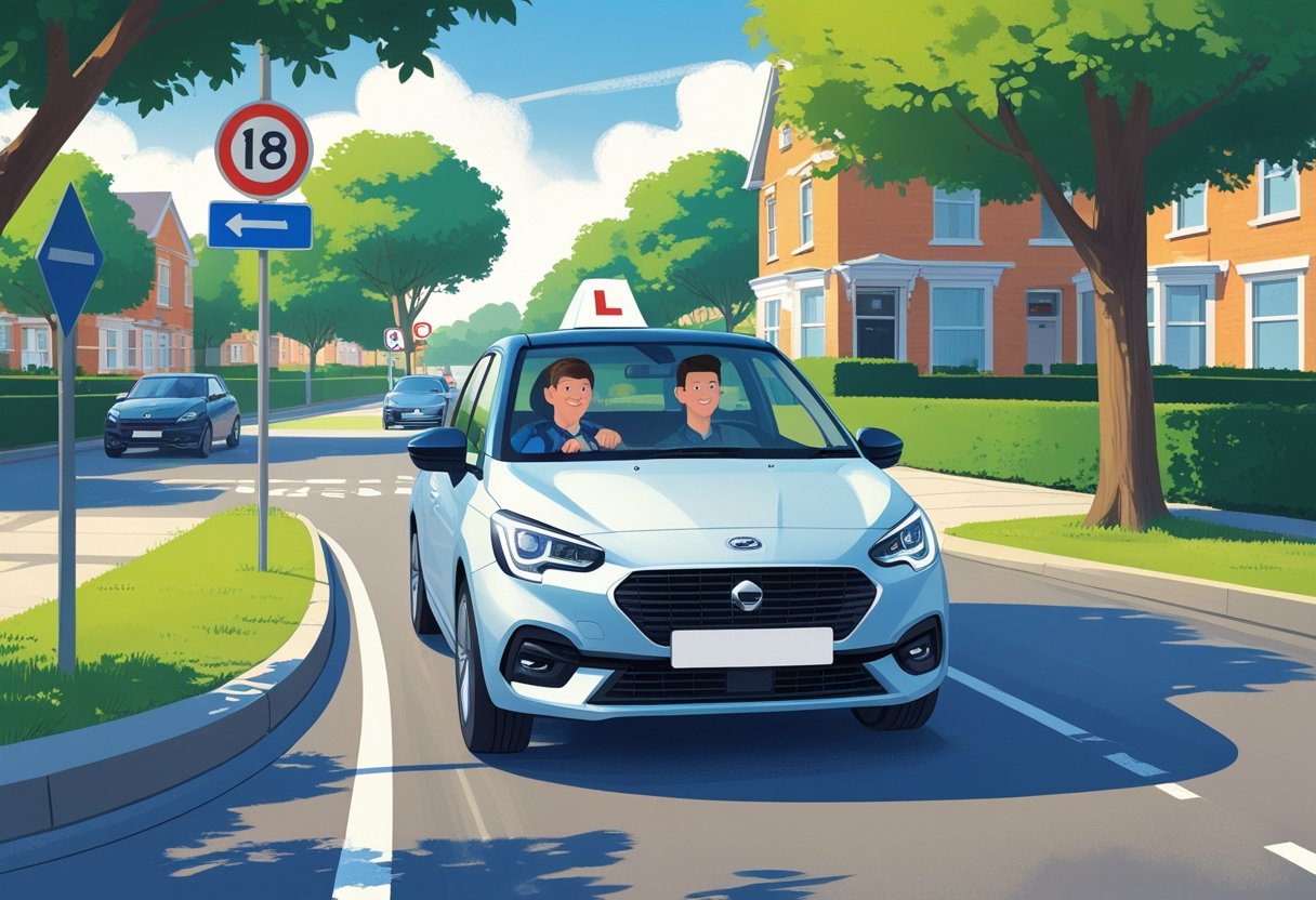 A young adult learner driving a car with an instructor beside them on a quiet suburban road with trees and buildings in the background.