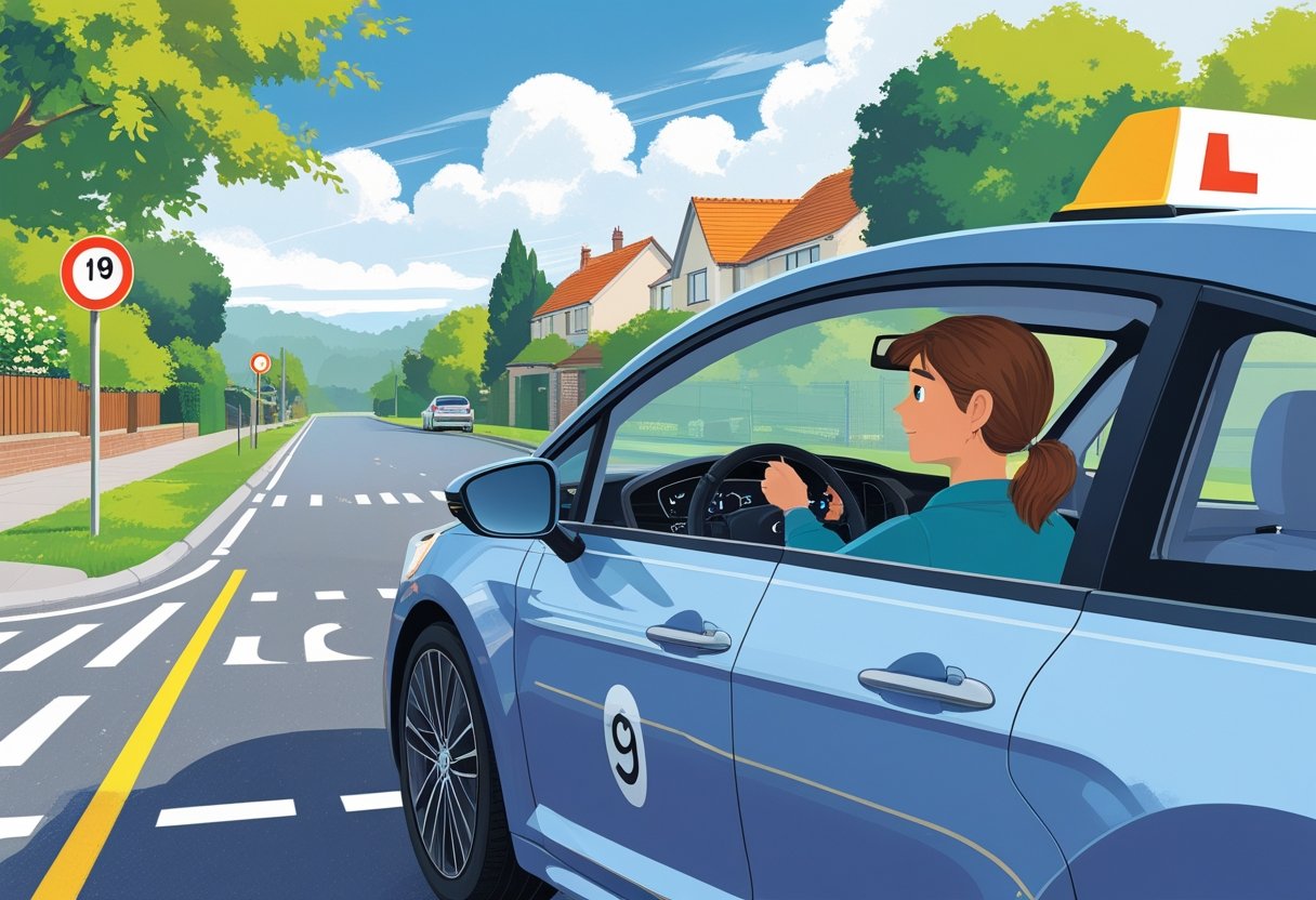 A 19-year-old learner driver in a car with a driving instructor on a suburban street with clear road signs.