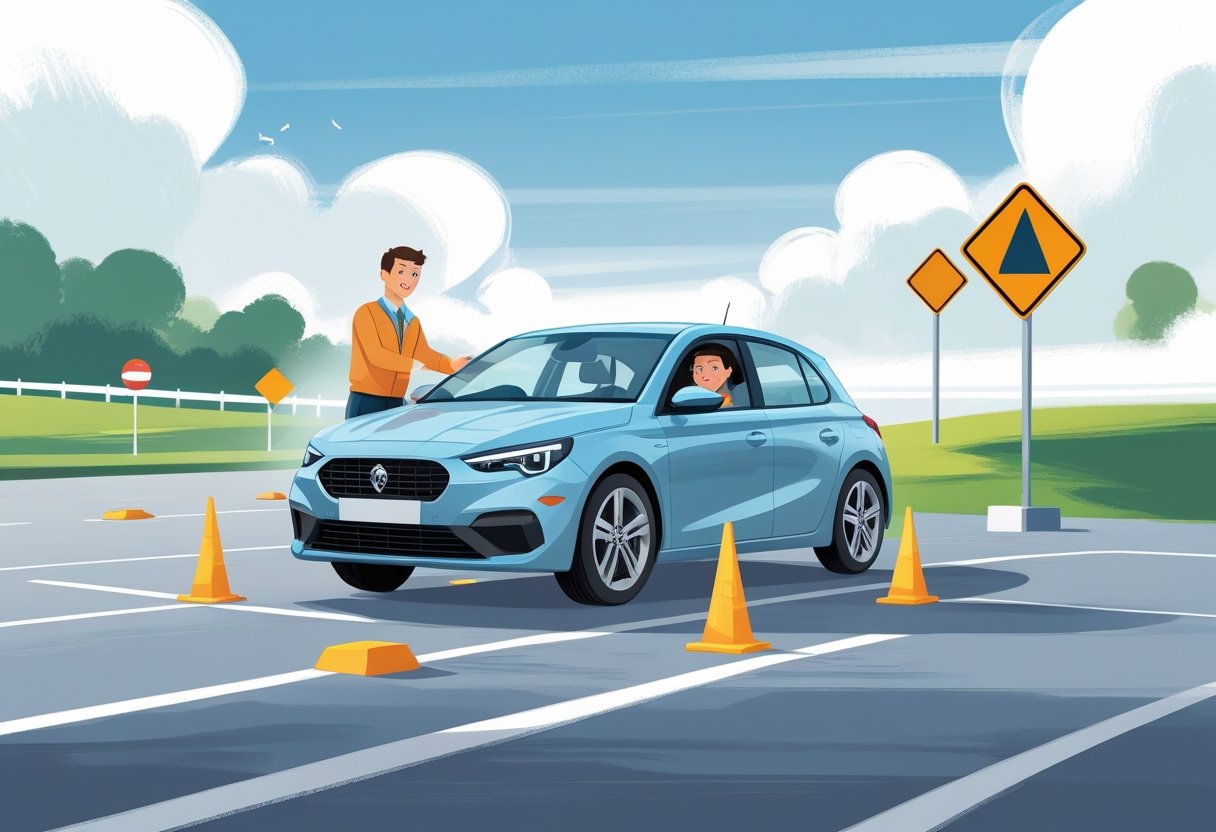 A 19-year-old learner driver receiving guidance from a driving instructor on a safe driving course with road signs and cones around them.