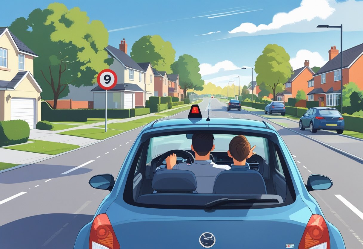 A 19-year-old learner driver sitting in a car with a driving instructor on a suburban street.