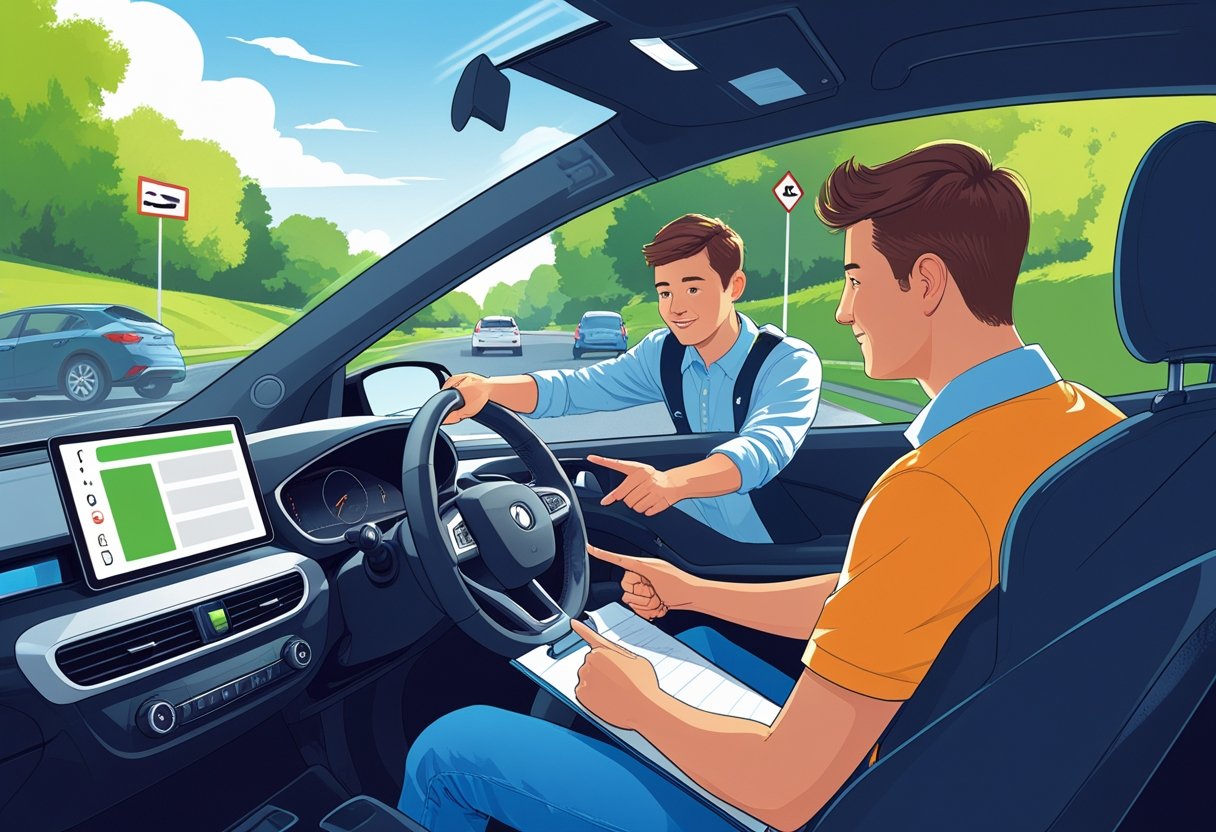 A 20-year-old learner driver and an instructor in a car on a suburban street during a driving lesson.