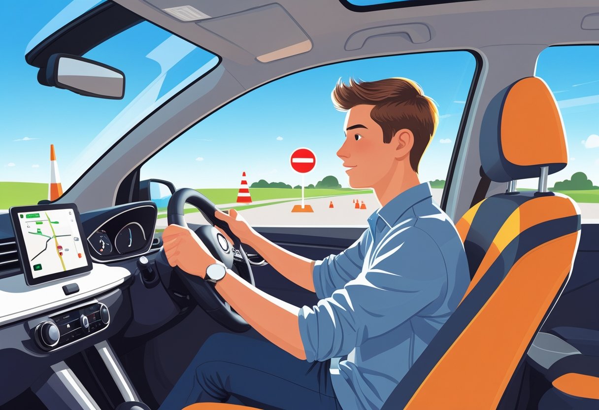 A 20-year-old person sitting in a car at a driving school with an instructor standing nearby on a clear day.