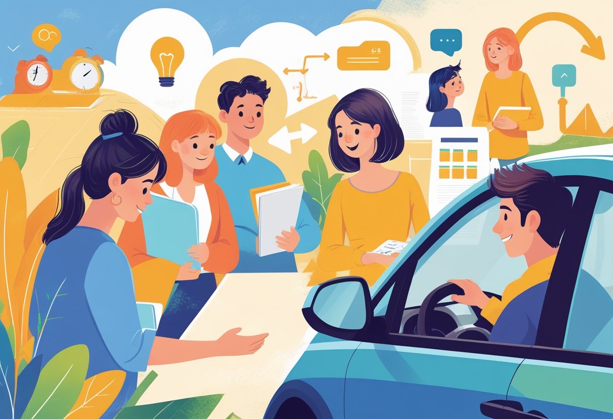 A group of young adults studying, managing finances, and receiving driving lessons from an instructor, showing support and guidance in various life challenges.