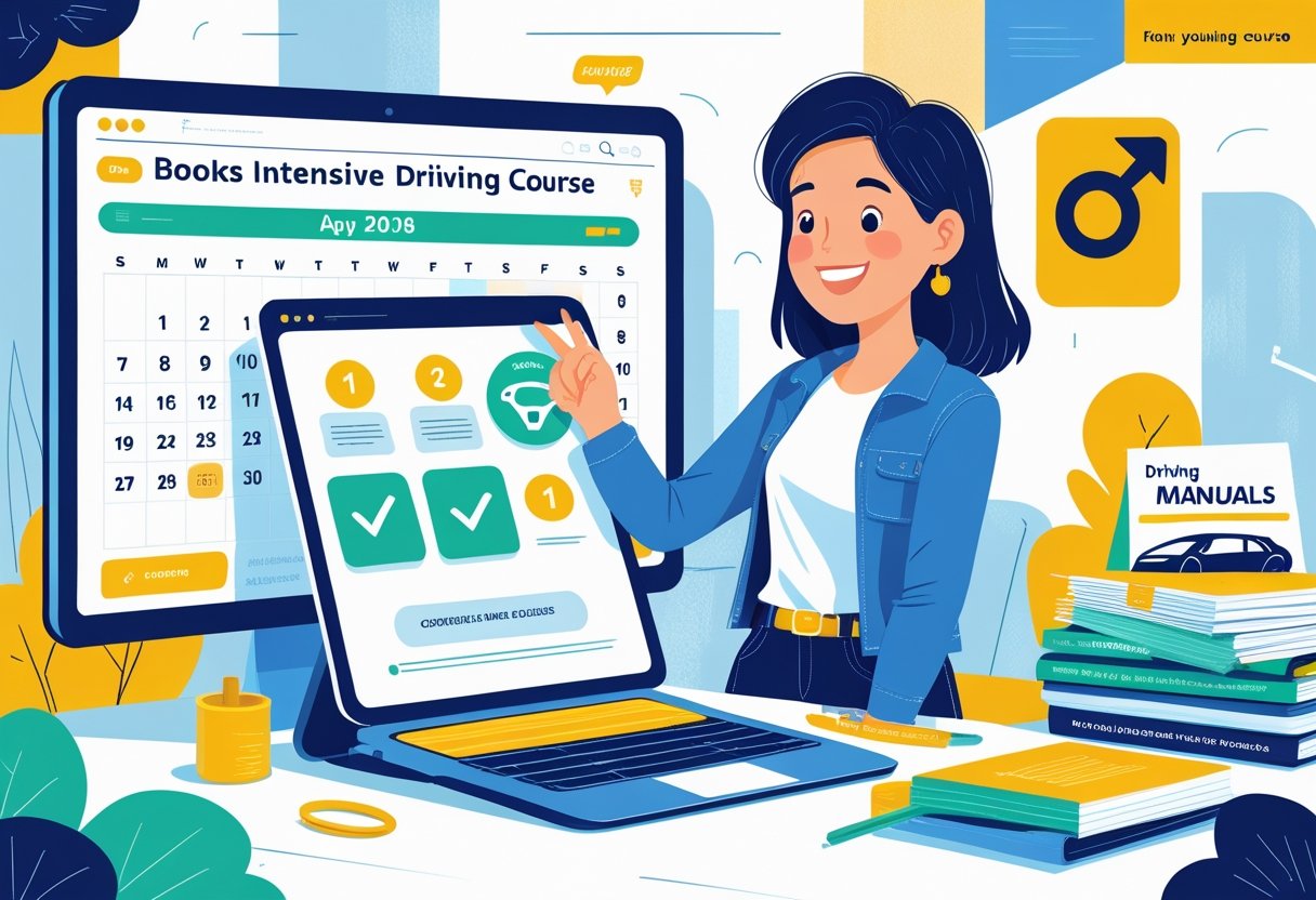 A young adult using a laptop to book an intensive driving course, with a calendar and driving materials on the desk.