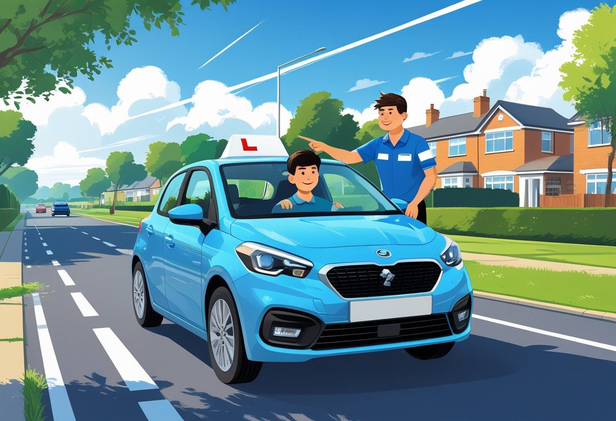 A 21-year-old learner driver receiving driving instruction in a car on a suburban road with houses and greenery in the background.