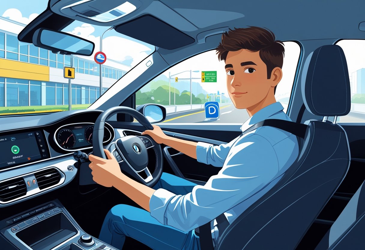 A 21-year-old person focused while sitting in the driver's seat of a car during a driving lesson in an urban setting.