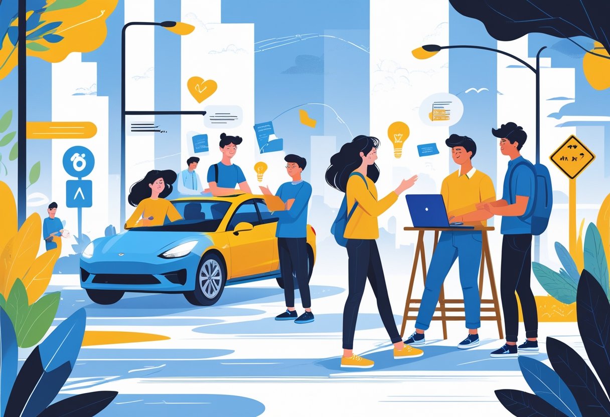 A group of 21-year-olds in an urban setting, with one learning to drive and others studying and discussing plans together.