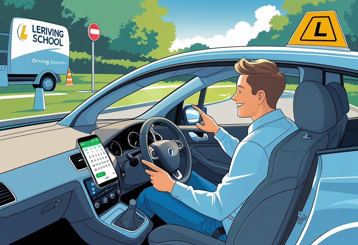 A 21-year-old learner driver sitting in a car with a driving instructor beside them, looking at a smartphone showing a calendar, on a quiet suburban road with driving school signs.