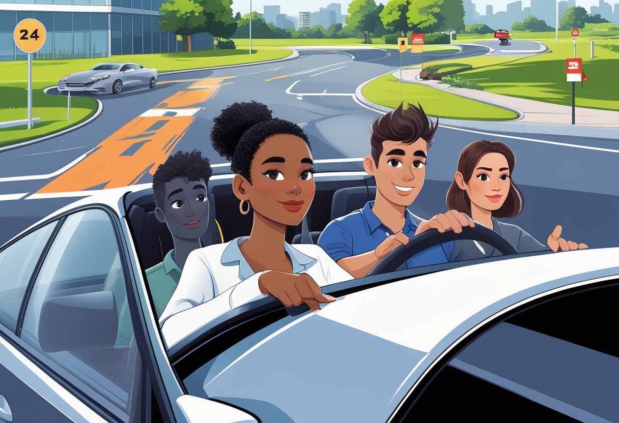 Three young adults in a driving lesson with an instructor inside a car on a clear urban driving course.