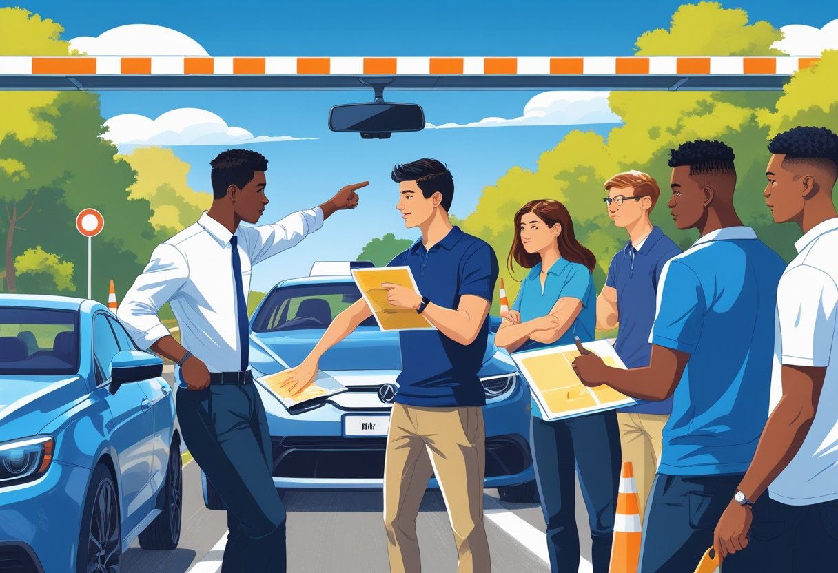 A group of young adults aged 22 to 24 participating in a driving lesson with an instructor in a car, surrounded by road signs and cones.