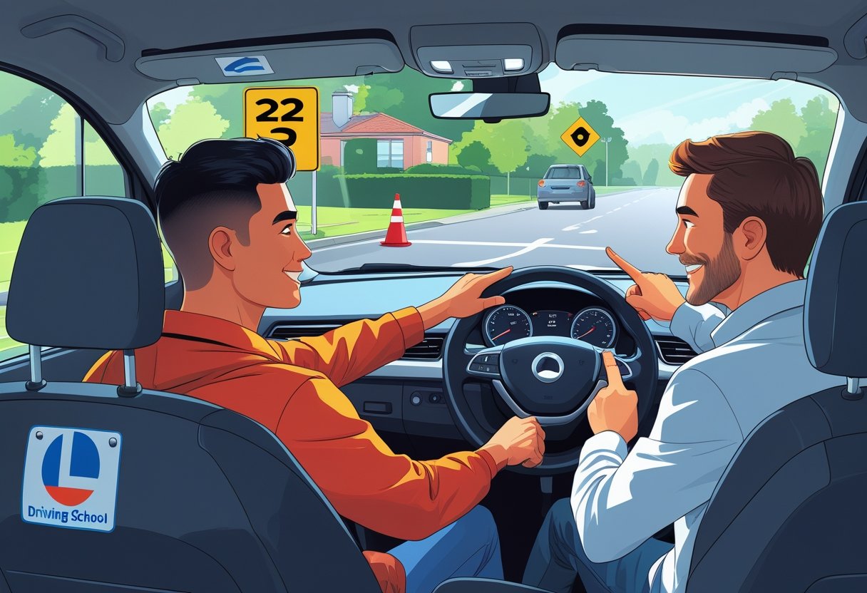 A young adult driver receiving guidance from a driving instructor inside a car on a quiet suburban street.