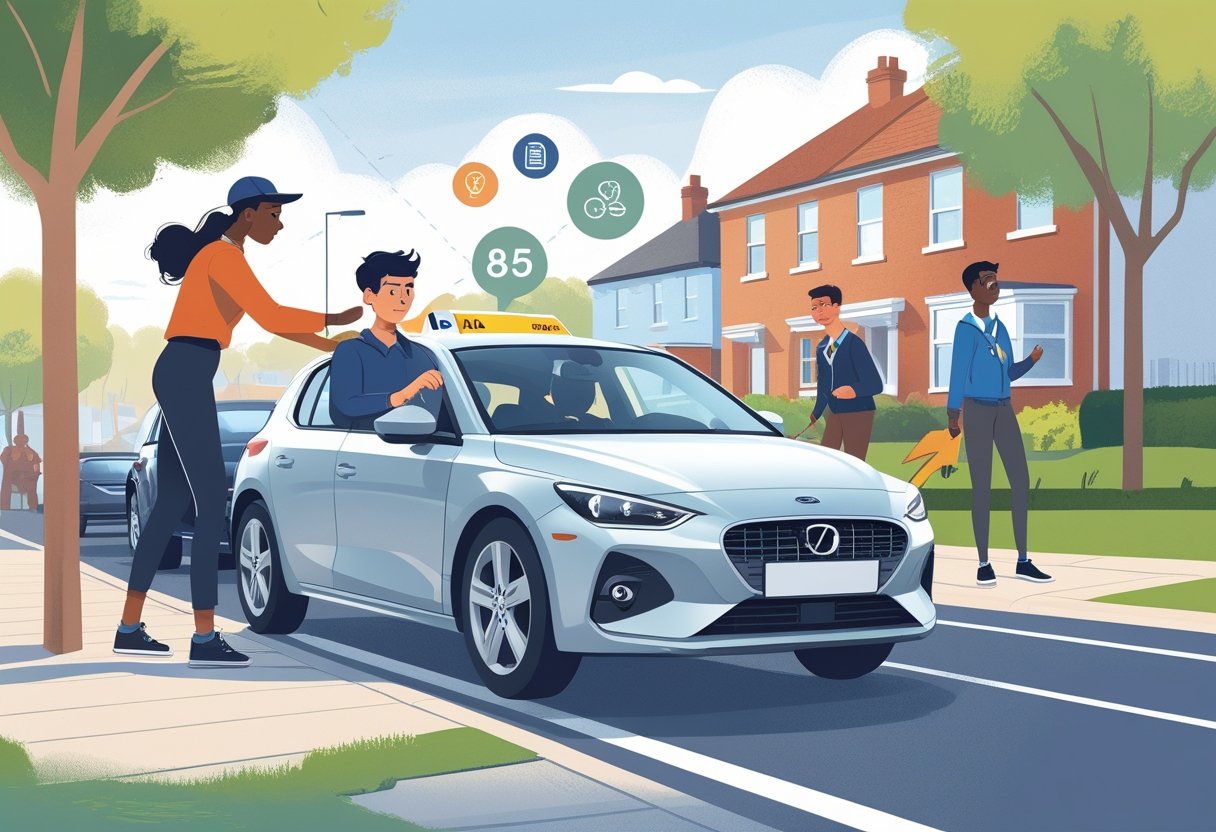 A young adult receiving driving instruction from an instructor beside a car on a quiet suburban street.