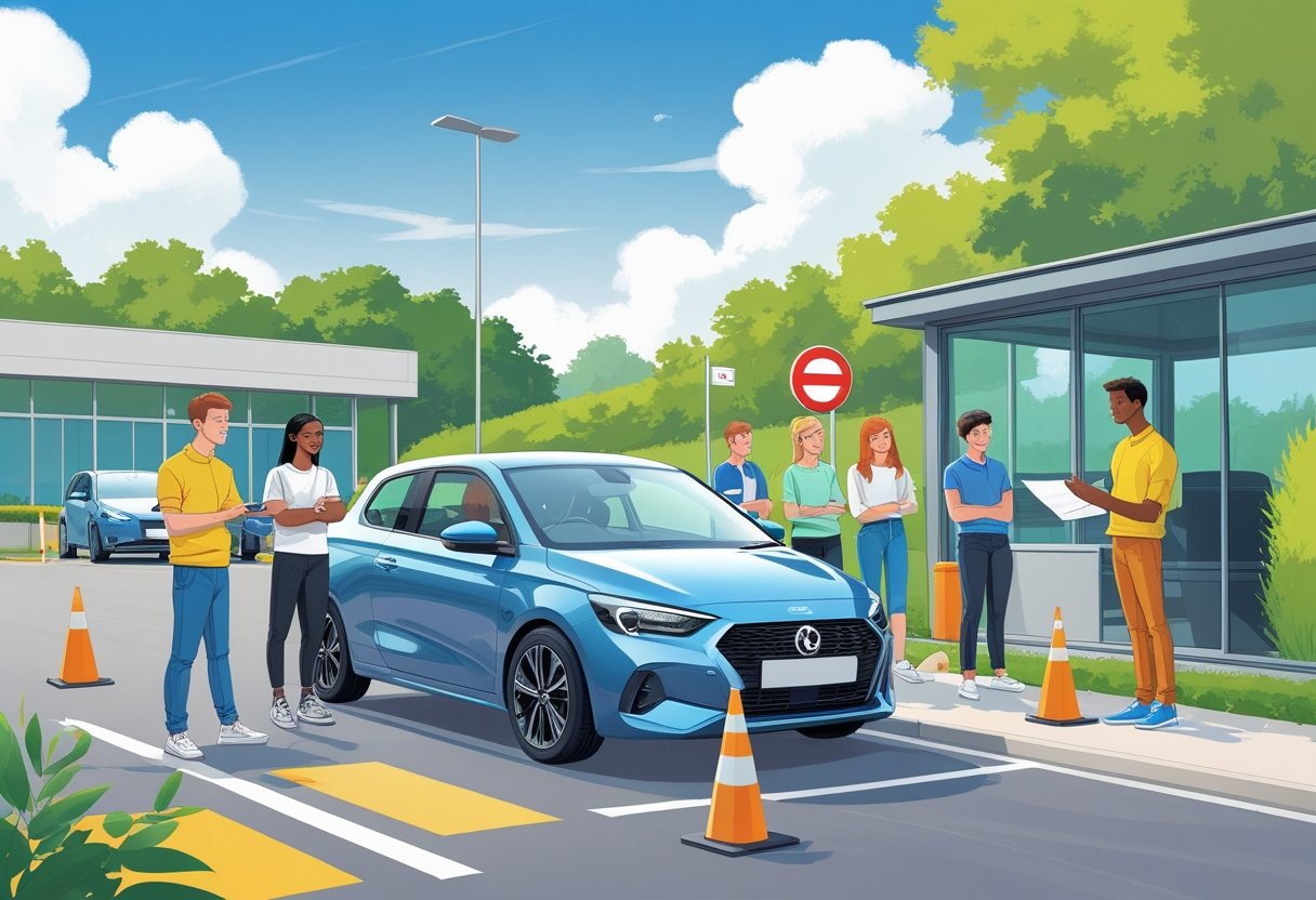 A group of young adults learning to drive with an instructor beside a car in a driving school training area.