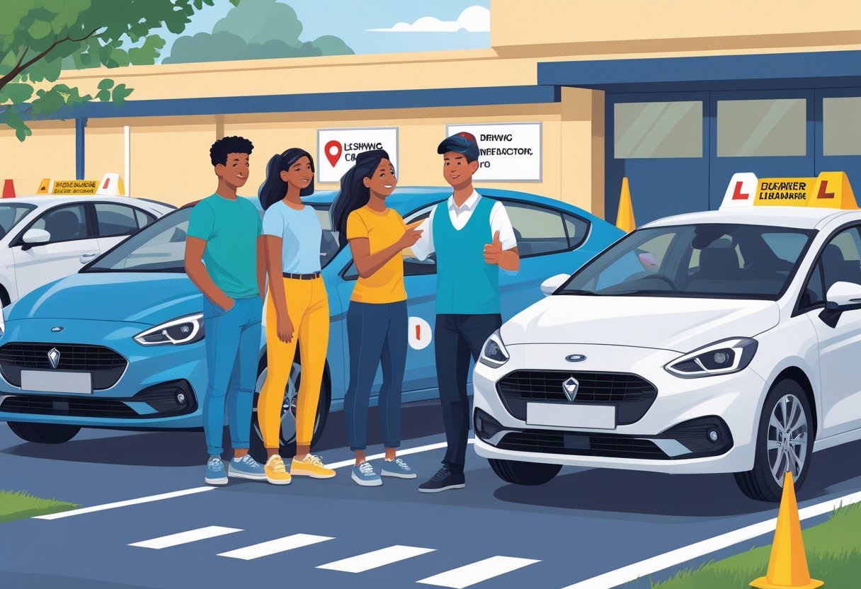 Three young adults aged 25 to 27 standing near cars in a driving school practice area with a driving instructor, ready for a driving lesson.