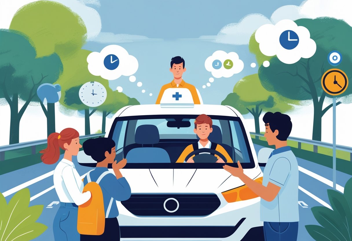 A young adult receiving driving instruction from an instructor inside a car, with supportive and encouraging surroundings symbolising common challenges and learning.