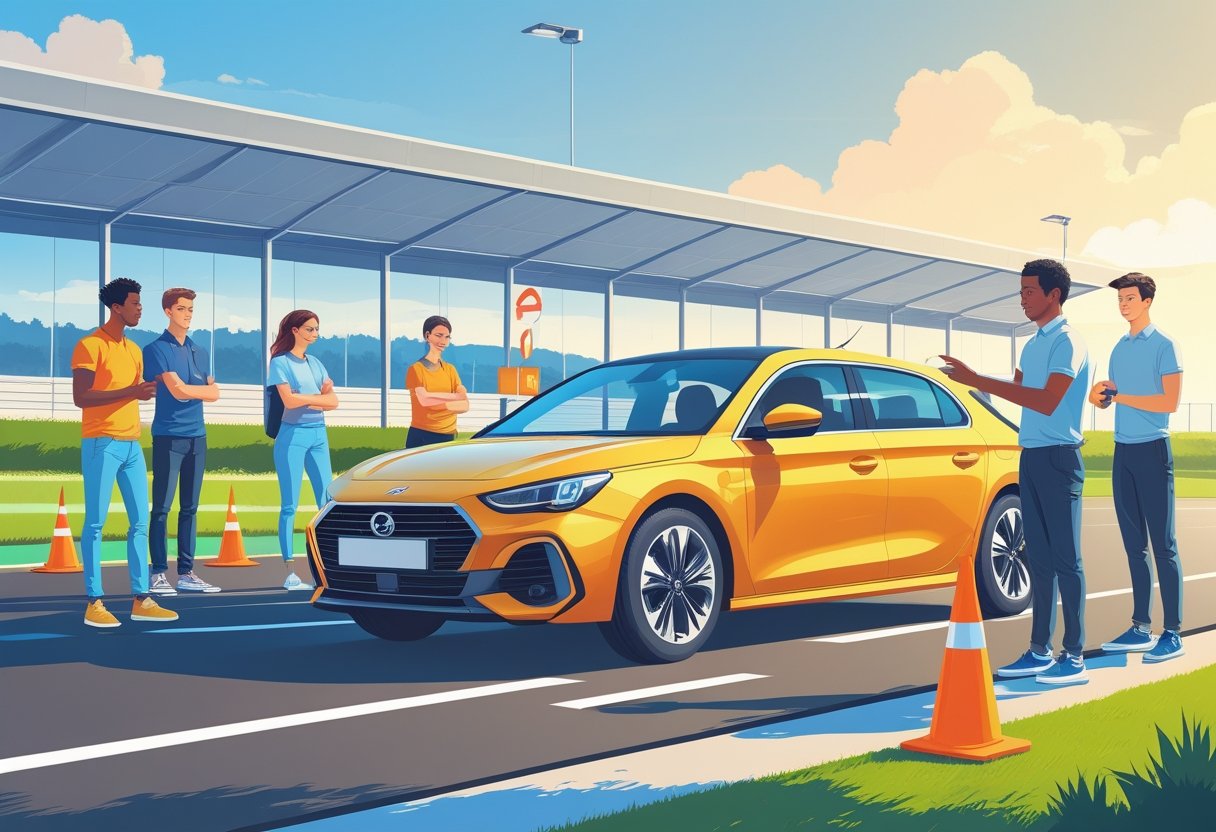 A group of young adults learning to drive with an instructor beside a car on a driving track with safety cones.