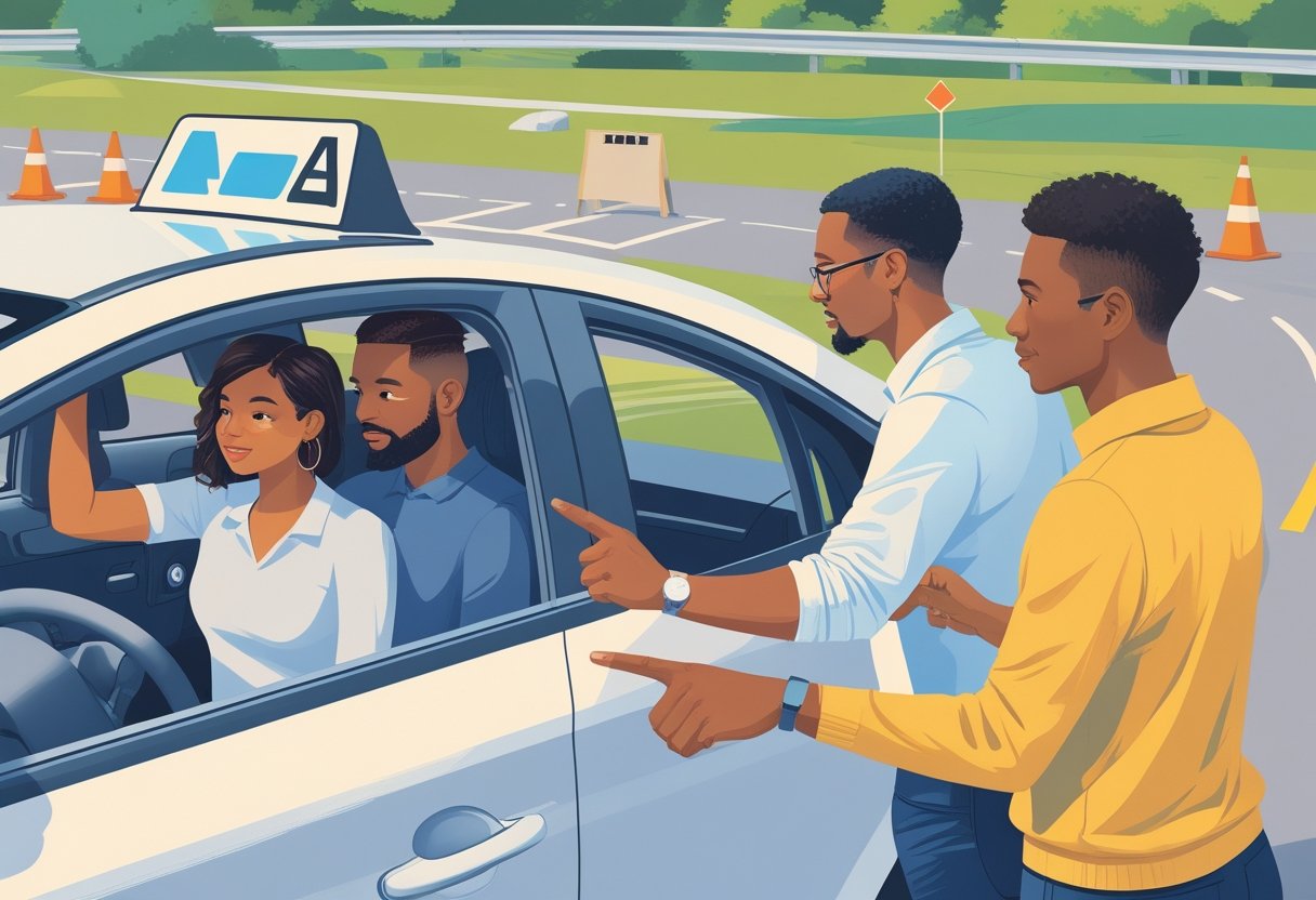 Three adults aged 28 to 30 learning to drive with an instructor beside a car in a driving school setting.