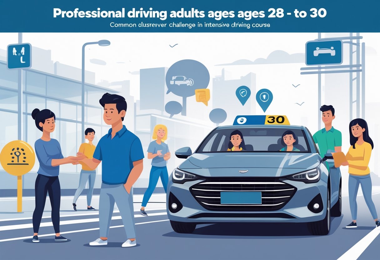 A group of young adults aged 28 to 30 learning to drive with an instructor in a modern driving school setting.