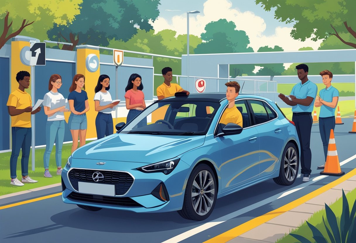 A group of young adults learning to drive with an instructor in a modern driving school setting.