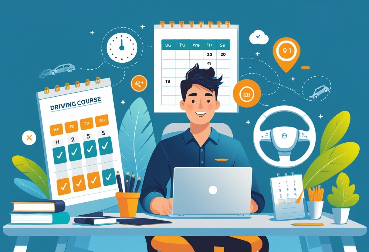 A young adult sitting at a desk using a laptop to book an intensive driving course, surrounded by driving-related symbols like a steering wheel, calendar, and checklist.