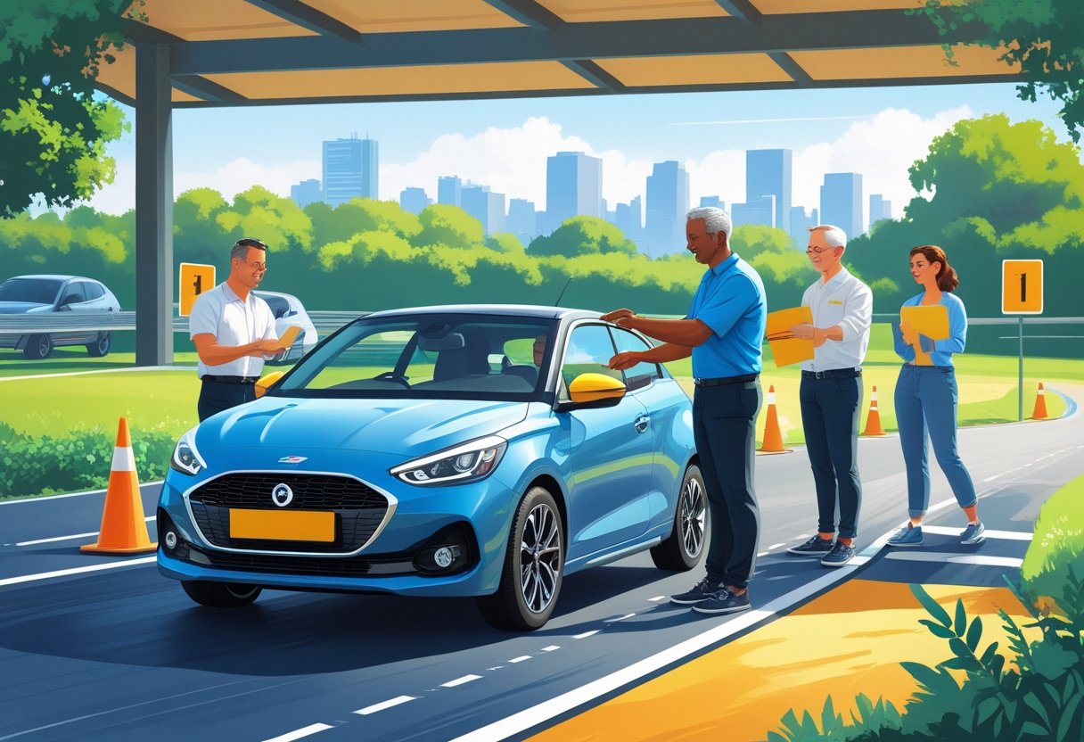 A group of adults aged 31 to 35 taking a driving lesson with an instructor in a modern driving school setting.