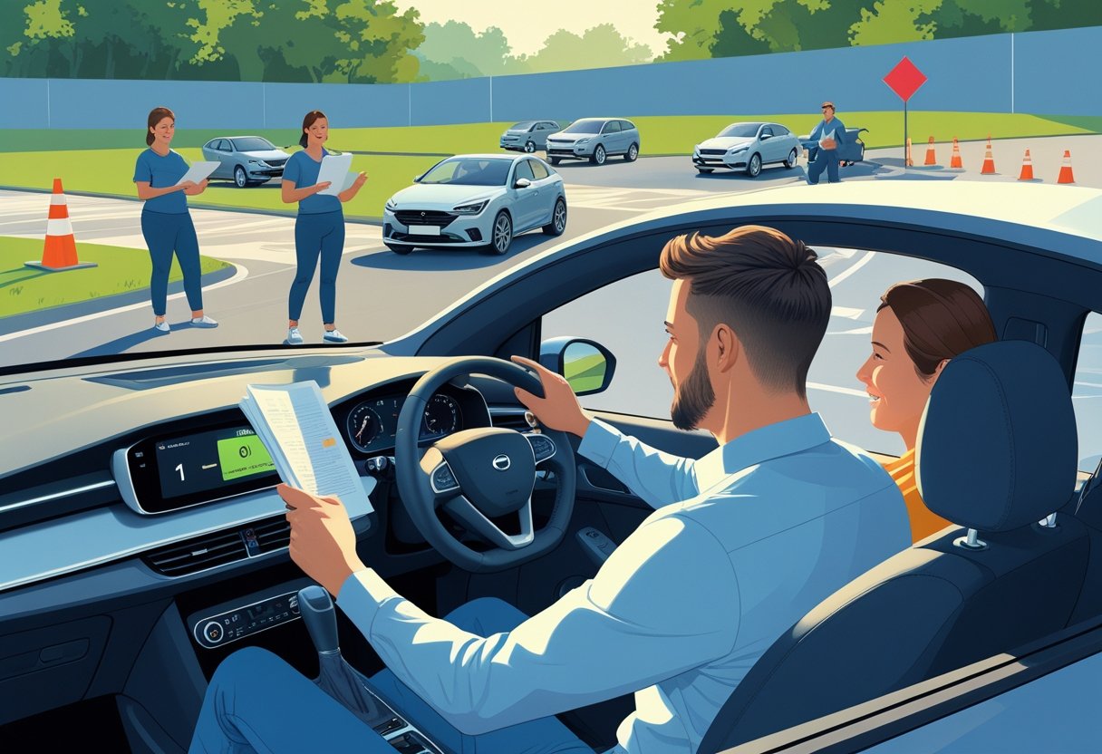 Adults aged 31 to 35 learning to drive with an instructor in a driving school setting, practising driving skills and studying road signs.