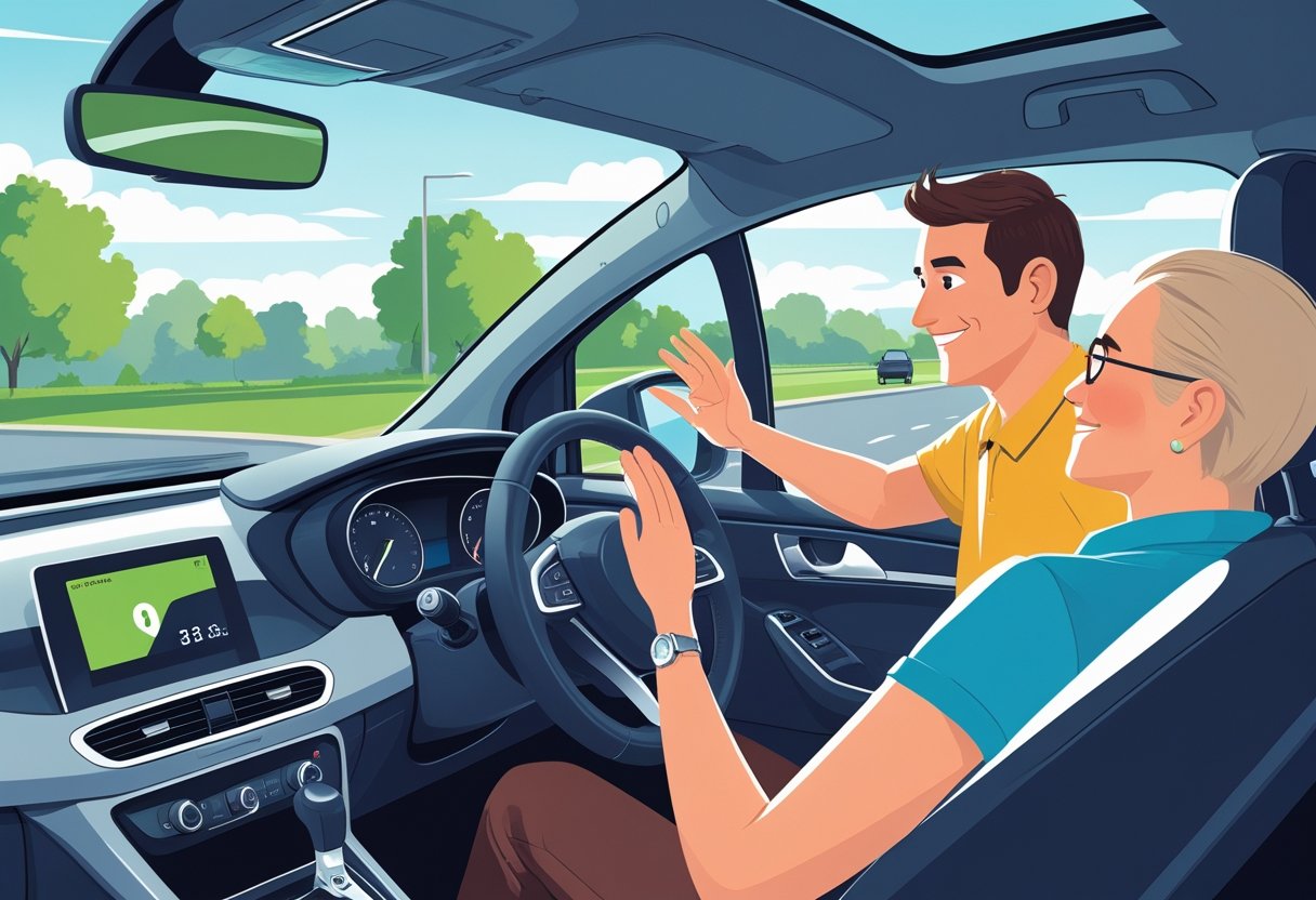 A 31 to 35-year-old person learning to drive with a driving instructor in a car on a quiet suburban road.