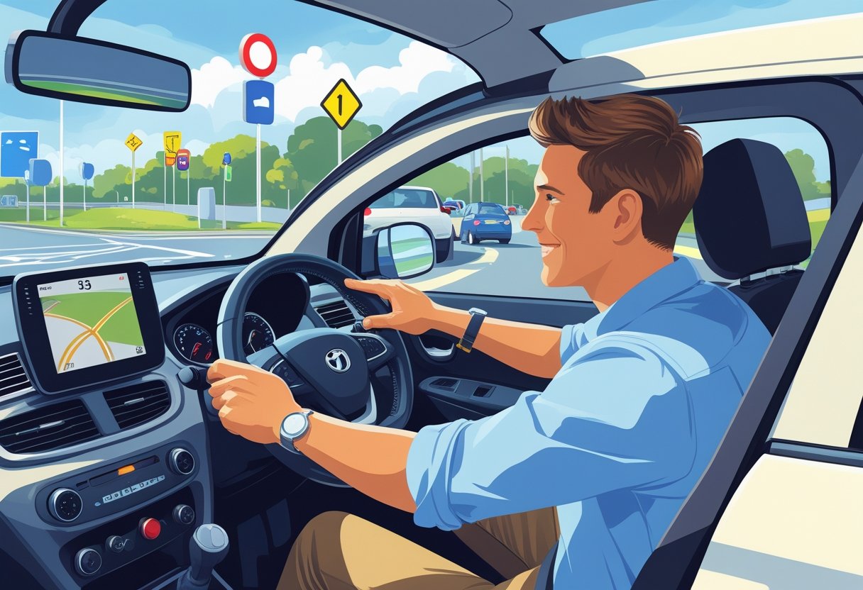 An adult learner driving a car with an instructor beside them on a sunny urban road.