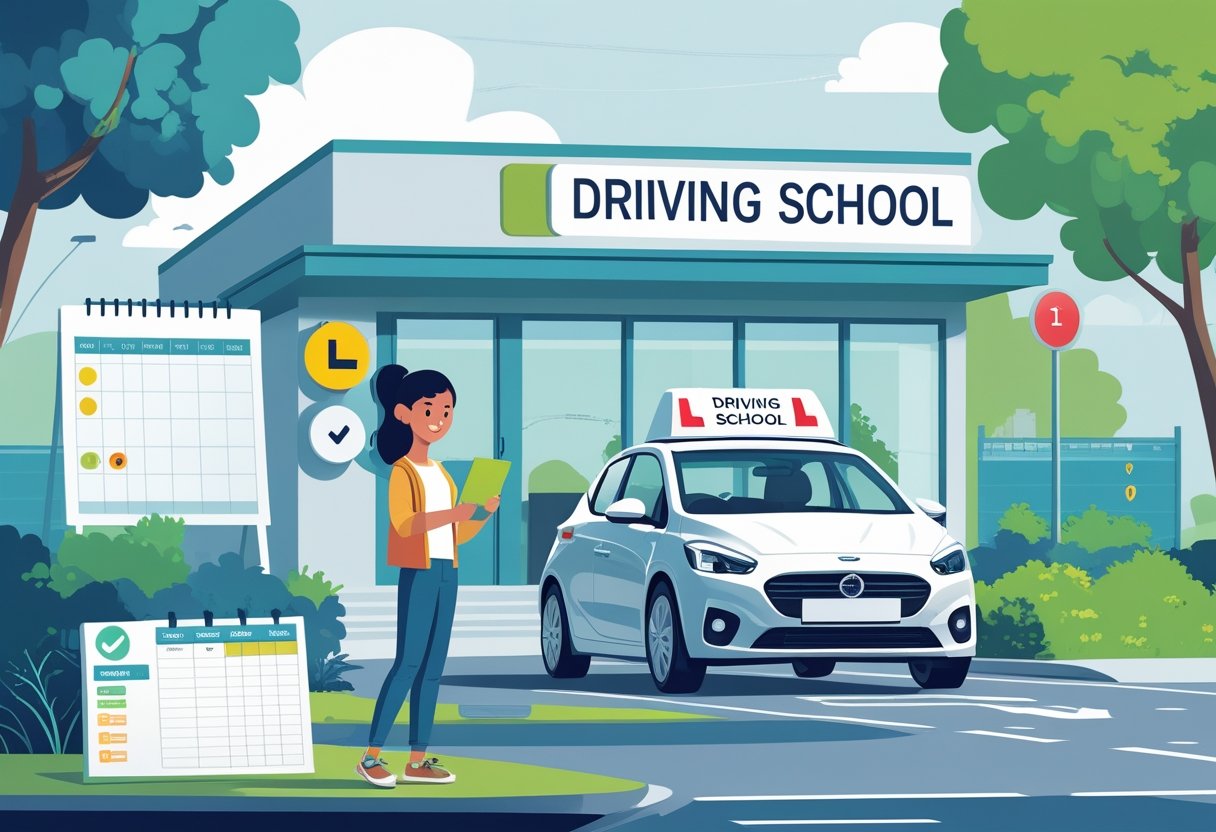 A person aged 31 to 35 standing next to a driving school car, holding a clipboard and preparing for an intensive driving lesson in a calm urban street setting.