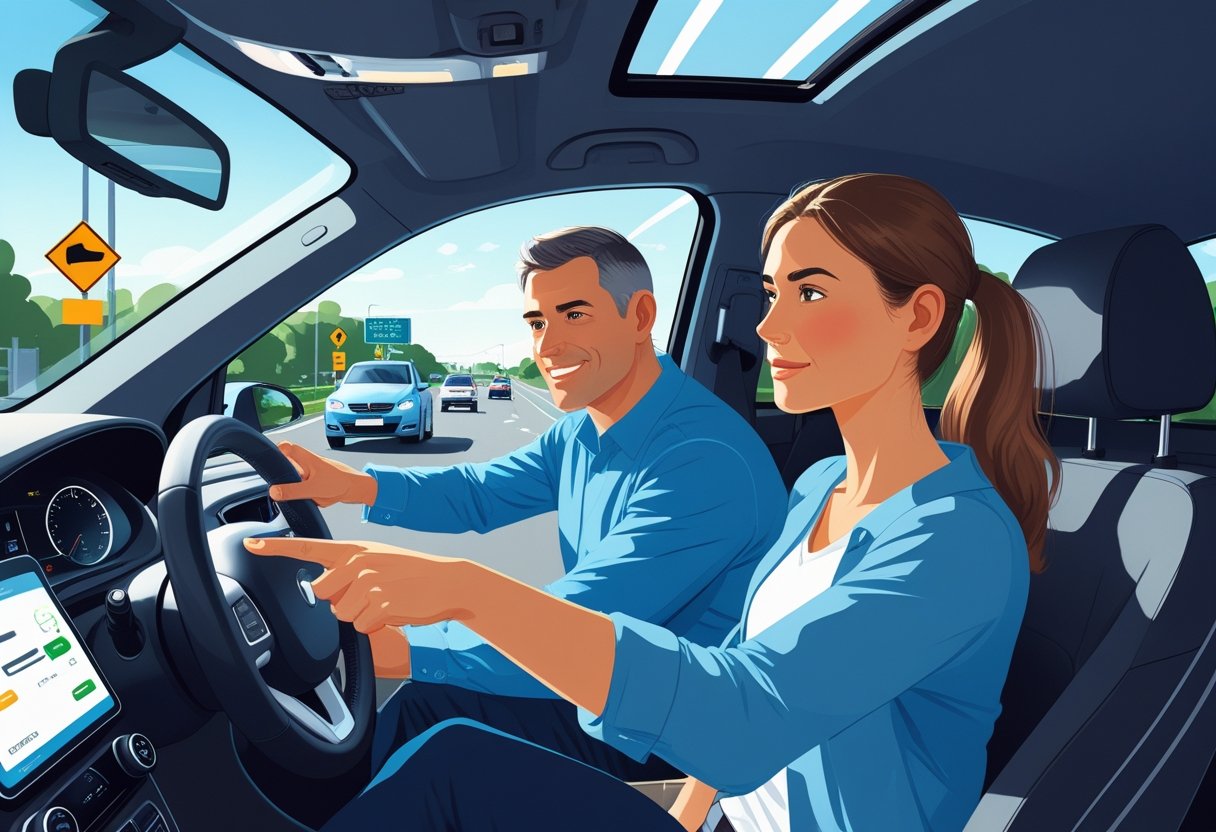 A man and woman aged 36 to 40 taking a driving lesson with an instructor inside a car on a city street.