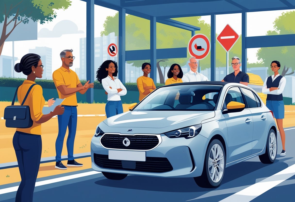 A group of adults aged 36 to 40 learning to drive with an instructor beside a car in a driving school setting.