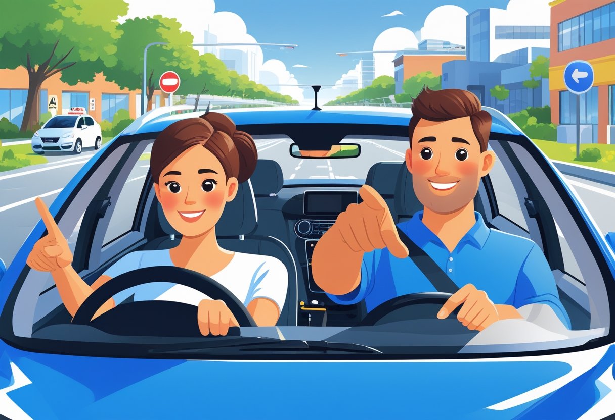 A man and woman aged 36 to 40 inside a car with a driving instructor, focused on learning to drive on a clear city road.