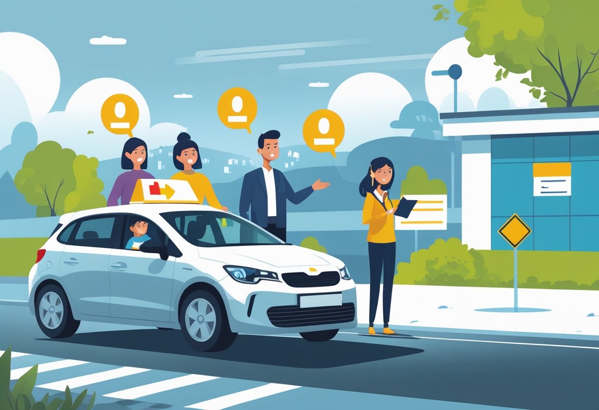 Adults aged 36 to 40 receiving driving instruction from an instructor beside a car in a driving school setting.