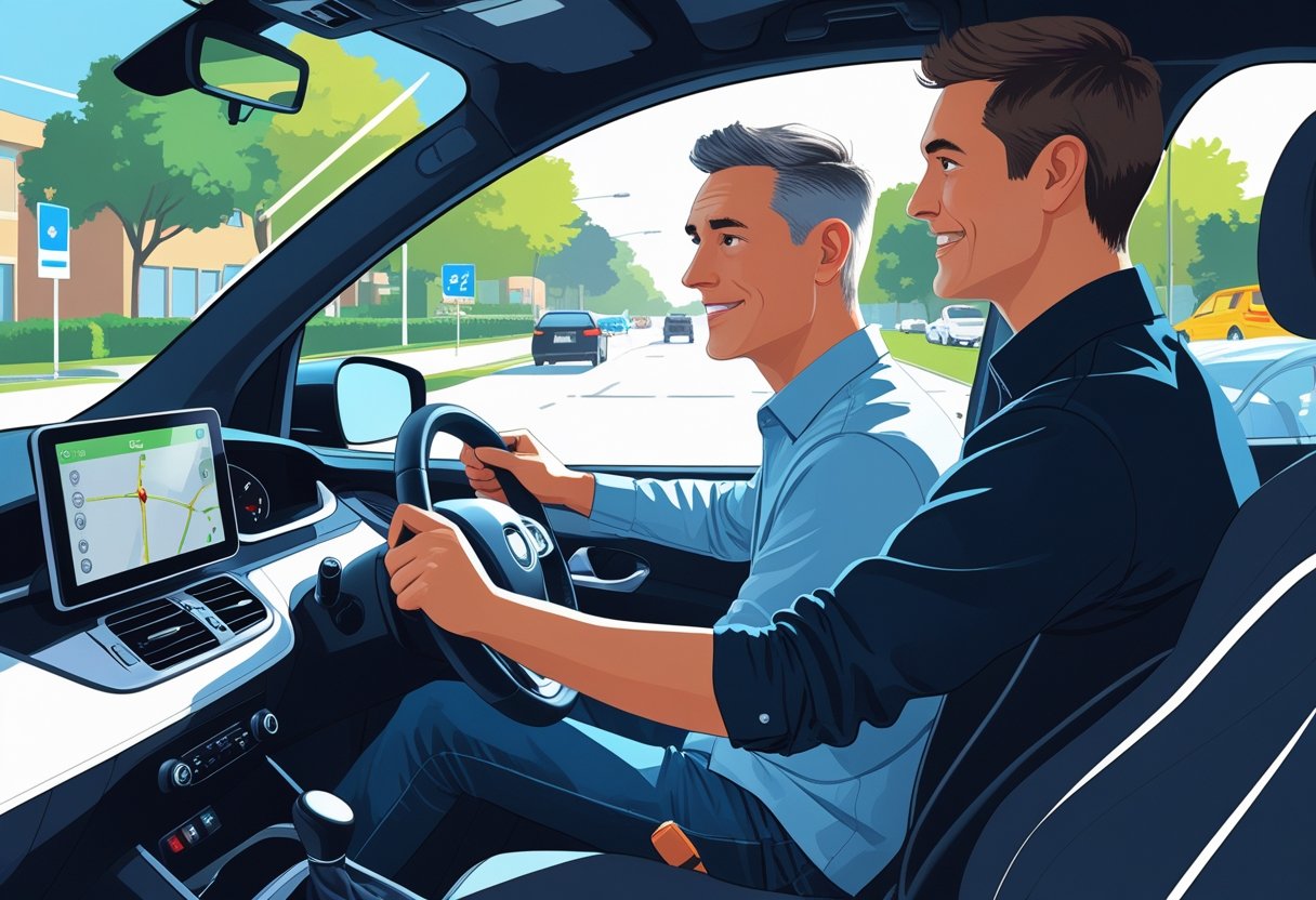 A mid-aged person learning to drive in a car with a driving instructor beside them on a suburban street.